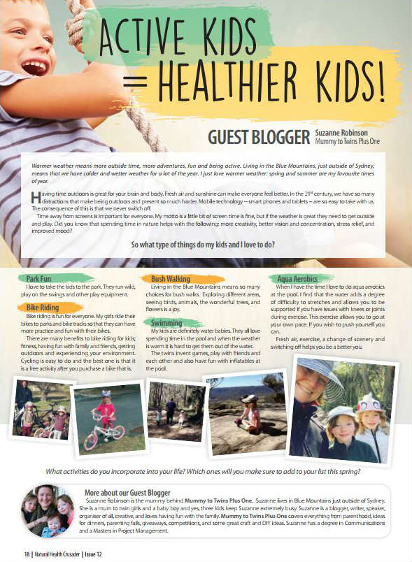 Suzanne from Mummy to Twins Plus One's article in the Curuso's Natural Health Crusader Magazine.