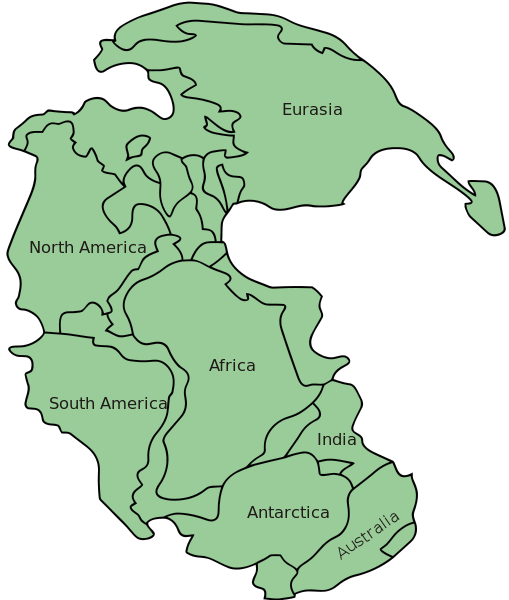 Pangea map, with names of the continents. Image of pangaea made by en:User:Kieff.