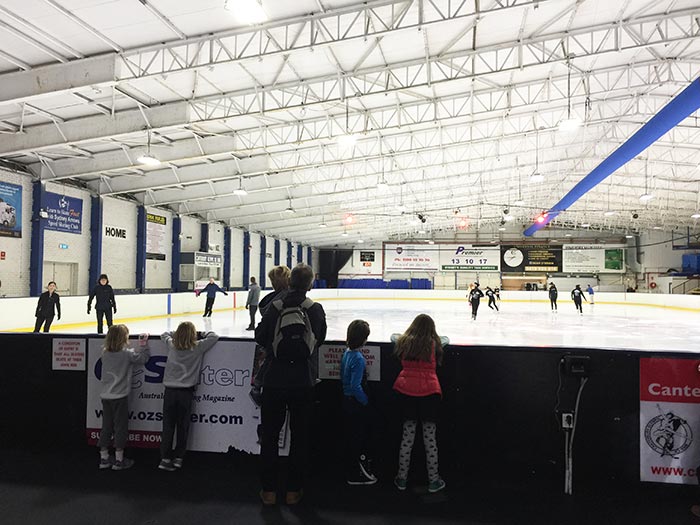 The girls checking out the ice at Canterbury Ice Rink. They were very excited to skate and to experience Disney On Ice, Frozen.