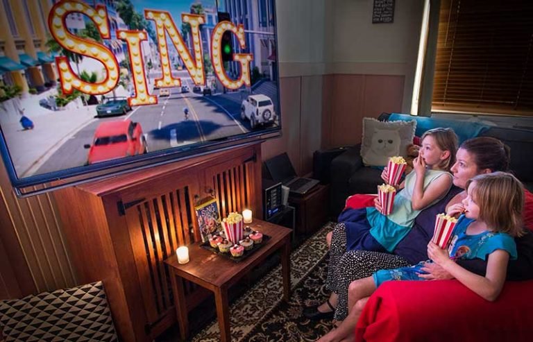 Having movie night with my girls. We are so happy and excited to be watching SING on DVD.