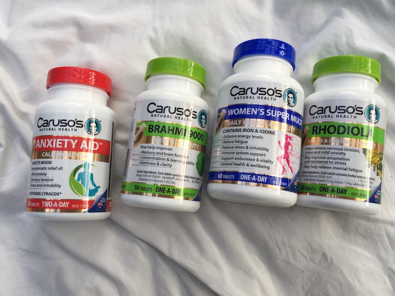Caruso’s Natural Health sent me Anxiety Aid, Brahmi 9000, Women's Supplement and Rhodiola. 