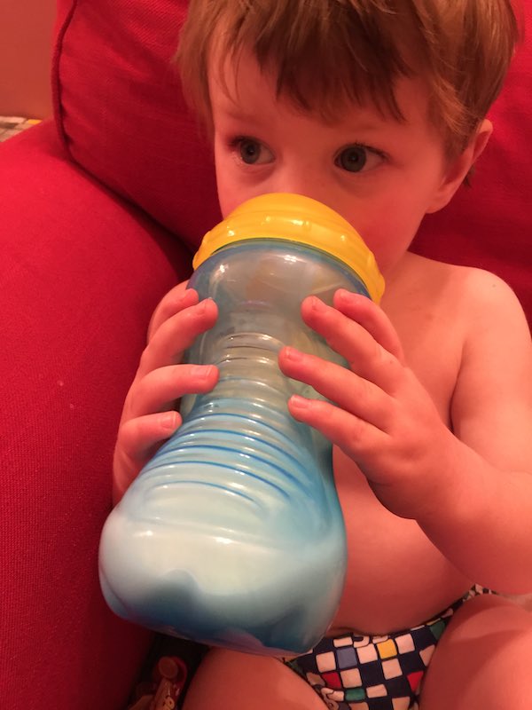 Alexander having a cool drink of NAN A2 Toddler Milk