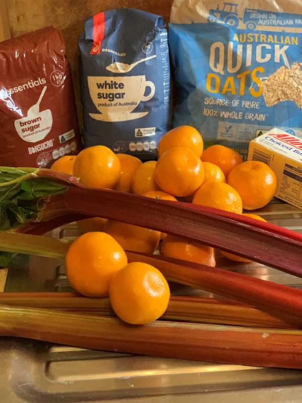 All the ingredients ready to make Mandarin & Rhubarb Crumble